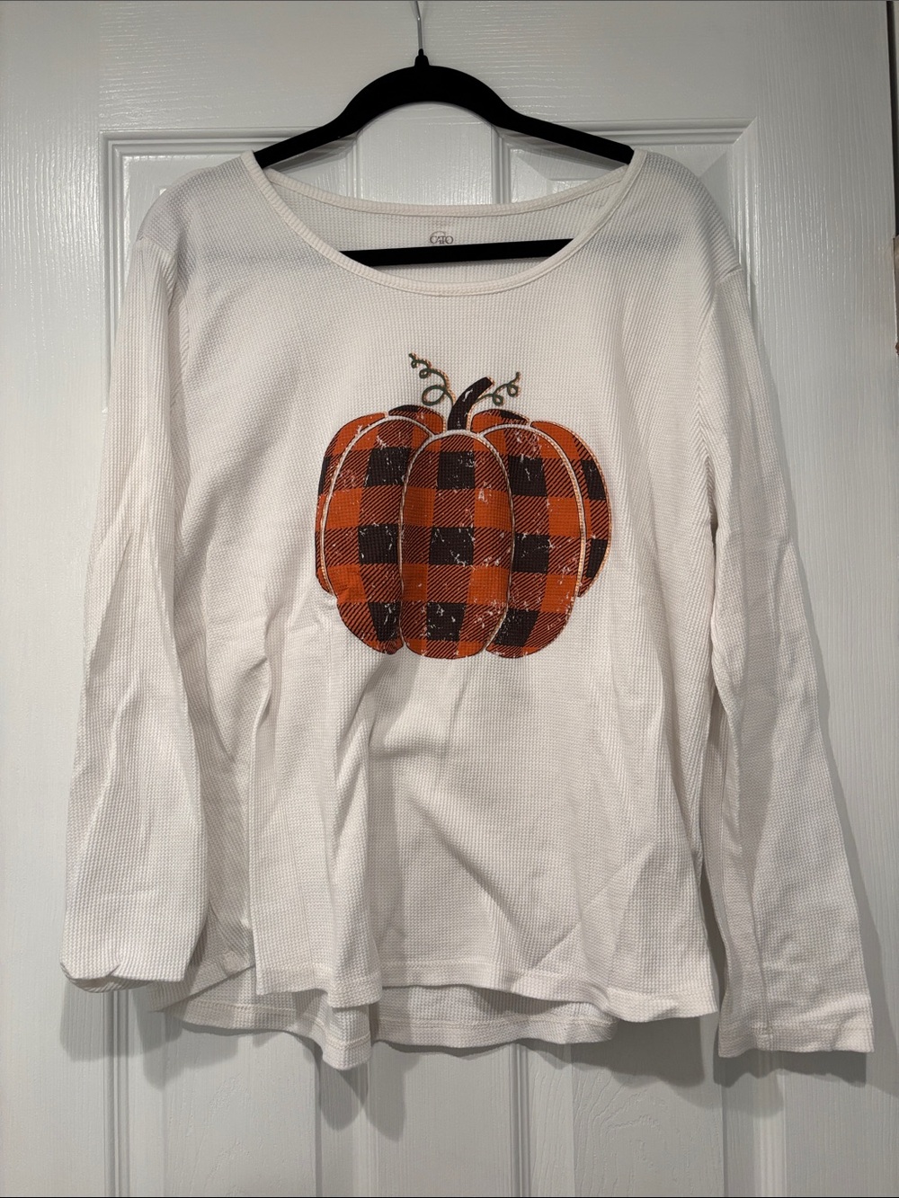 Cato White Long-Sleeve Top with Orange Plaid Pumpkin